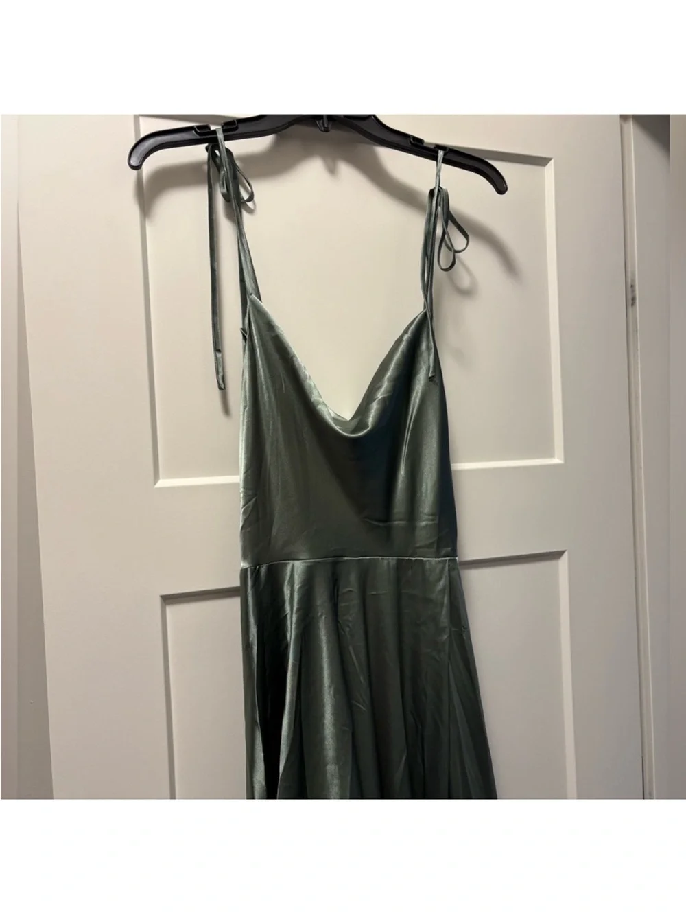 Moira Khaki | Cowl Neck Satin Maxi Dress with High Slit - Picture 7 of 10